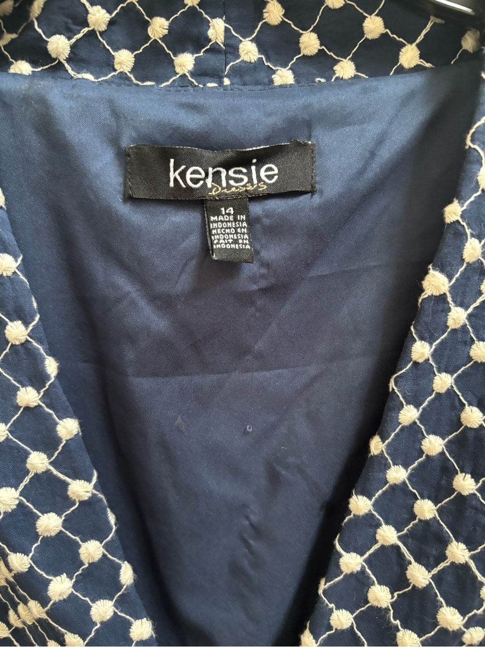 Kensie Embroidered Navy & Ivory Dot Cotton Zip-Front Midi Dress, Size 14, NWOT - Picture 4 of 7